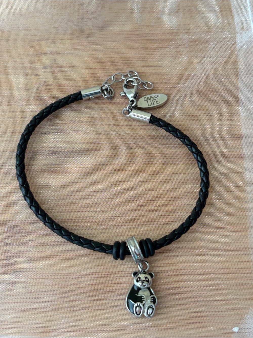Hallmark Black Braided Leather Bracelet with black and silver Panda charm